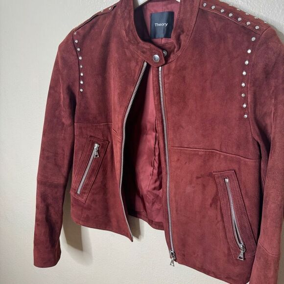 Theory Jacket Women's Large Burgundy Suede Leather Moto Studded Full Zip Pockets - Picture 3 of 12
